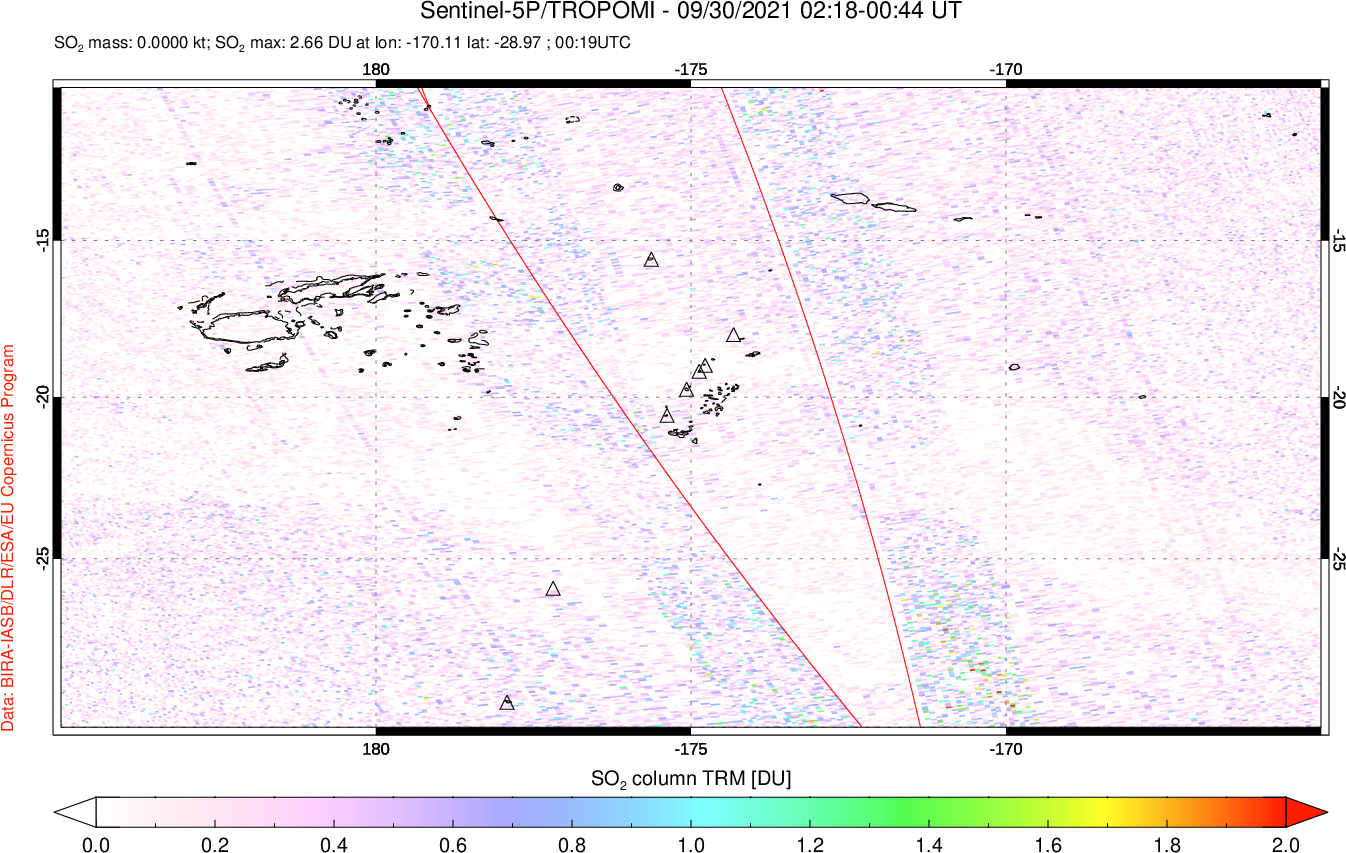 A sulfur dioxide image over Tonga, South Pacific on Sep 30, 2021.
