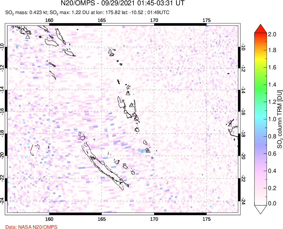A sulfur dioxide image over Vanuatu, South Pacific on Sep 29, 2021.
