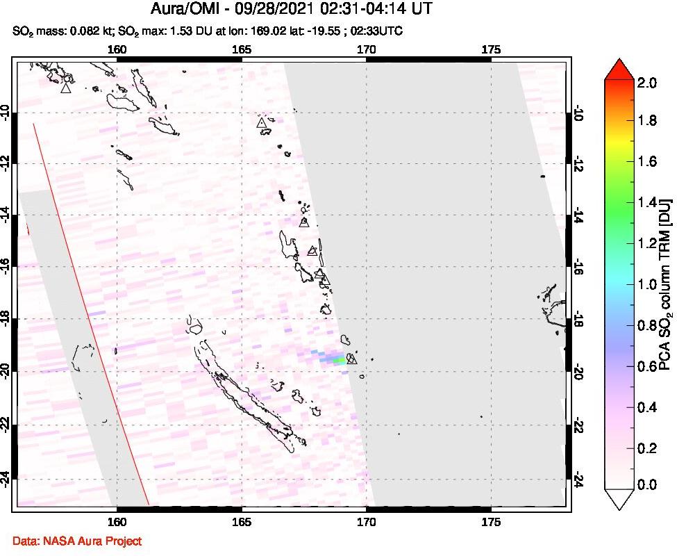 A sulfur dioxide image over Vanuatu, South Pacific on Sep 28, 2021.