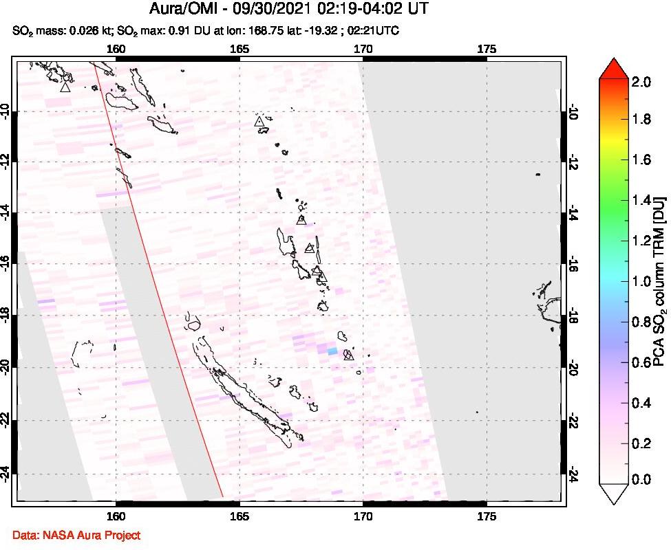 A sulfur dioxide image over Vanuatu, South Pacific on Sep 30, 2021.