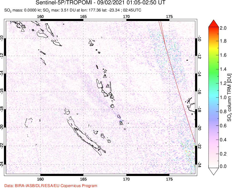A sulfur dioxide image over Vanuatu, South Pacific on Sep 02, 2021.