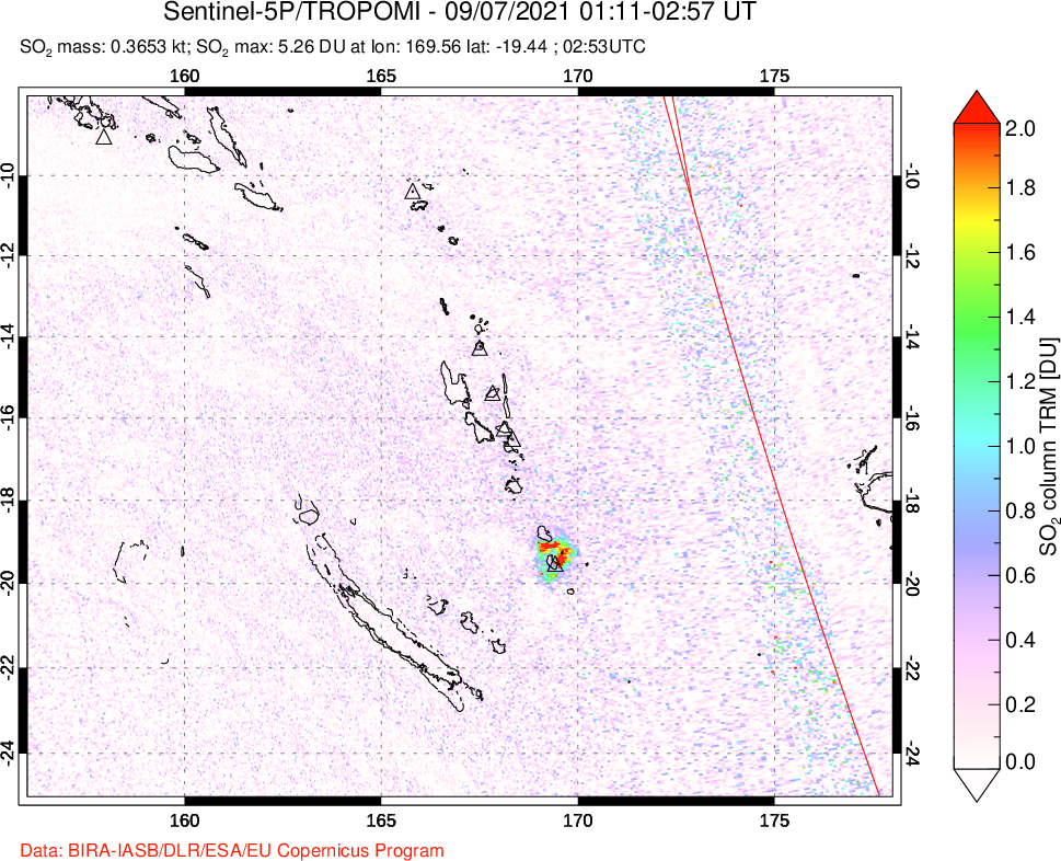 A sulfur dioxide image over Vanuatu, South Pacific on Sep 07, 2021.