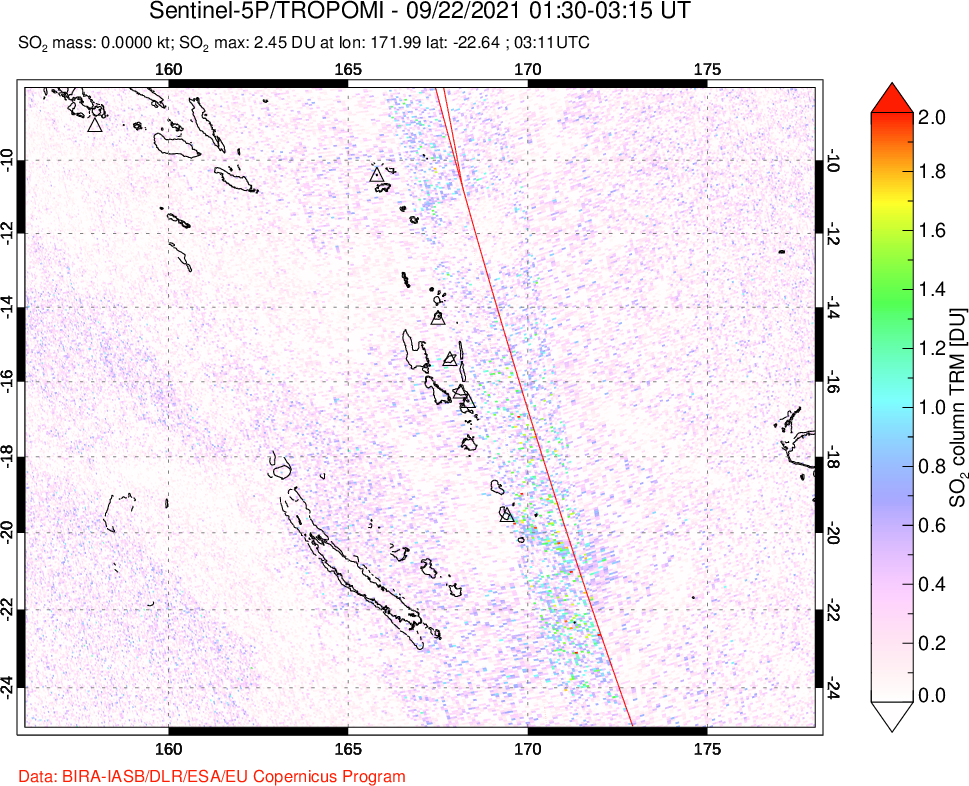 A sulfur dioxide image over Vanuatu, South Pacific on Sep 22, 2021.