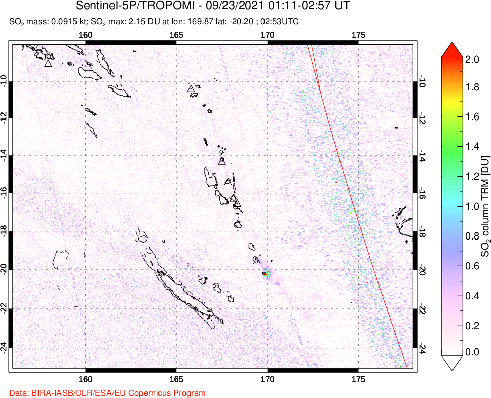 A sulfur dioxide image over Vanuatu, South Pacific on Sep 23, 2021.