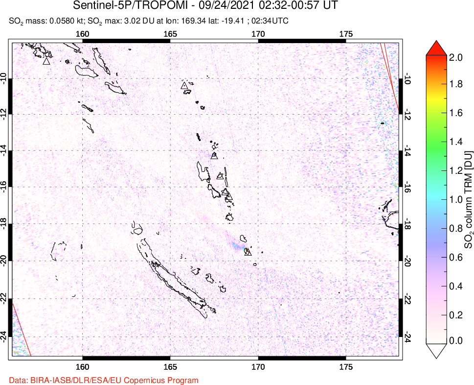 A sulfur dioxide image over Vanuatu, South Pacific on Sep 24, 2021.