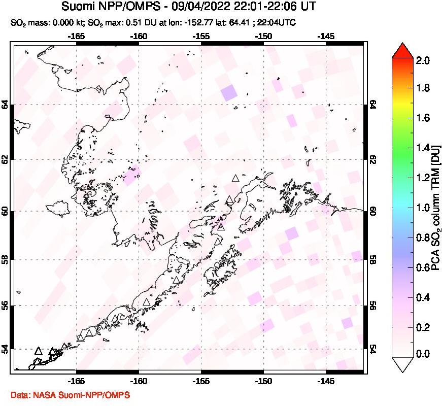 A sulfur dioxide image over Alaska, USA on Sep 04, 2022.