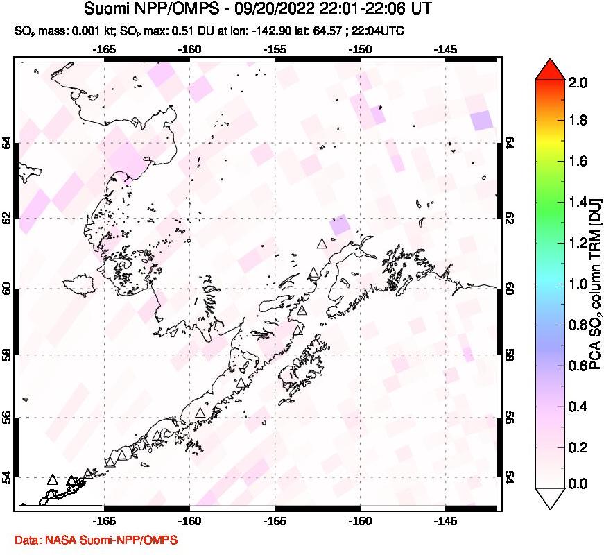 A sulfur dioxide image over Alaska, USA on Sep 20, 2022.