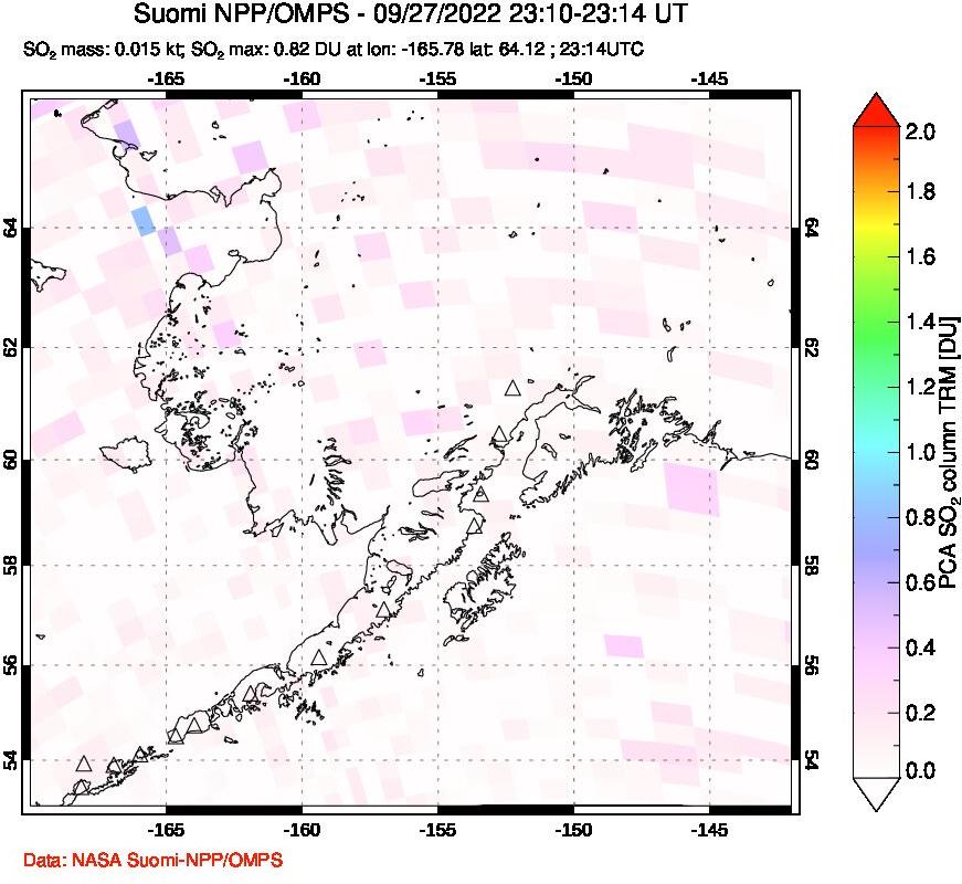 A sulfur dioxide image over Alaska, USA on Sep 27, 2022.
