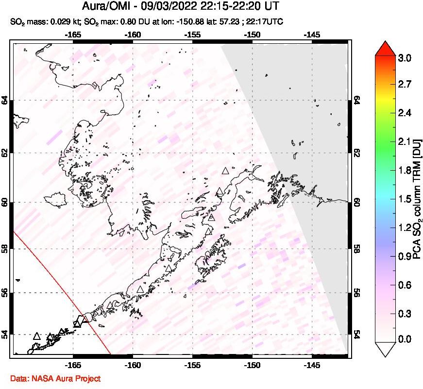 A sulfur dioxide image over Alaska, USA on Sep 03, 2022.