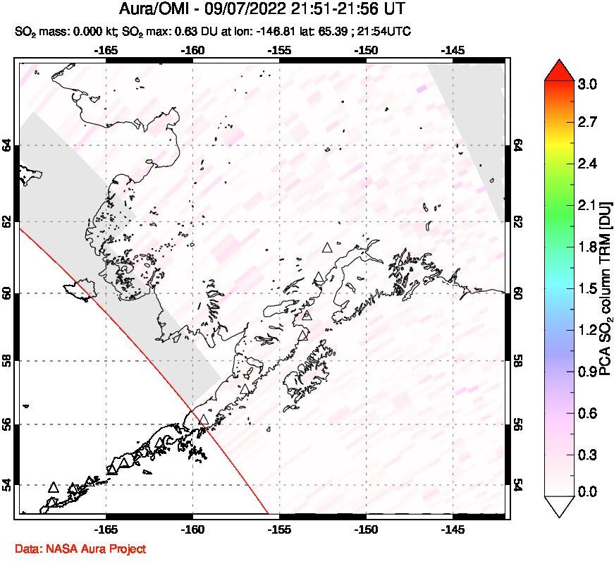 A sulfur dioxide image over Alaska, USA on Sep 07, 2022.