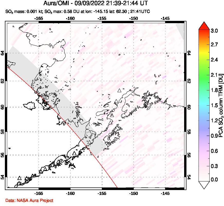 A sulfur dioxide image over Alaska, USA on Sep 09, 2022.