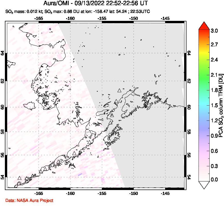 A sulfur dioxide image over Alaska, USA on Sep 13, 2022.