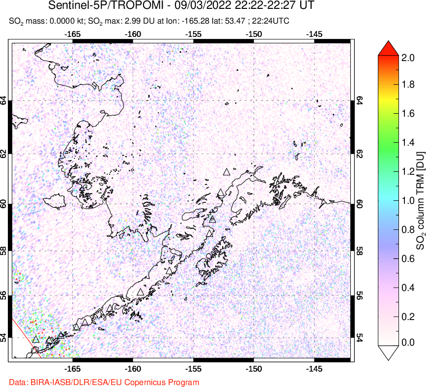 A sulfur dioxide image over Alaska, USA on Sep 03, 2022.