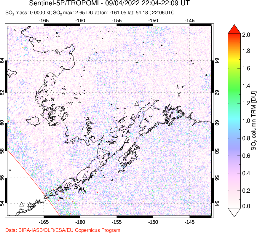 A sulfur dioxide image over Alaska, USA on Sep 04, 2022.