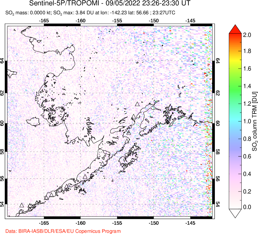 A sulfur dioxide image over Alaska, USA on Sep 05, 2022.