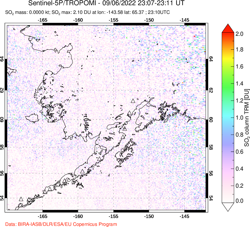 A sulfur dioxide image over Alaska, USA on Sep 06, 2022.