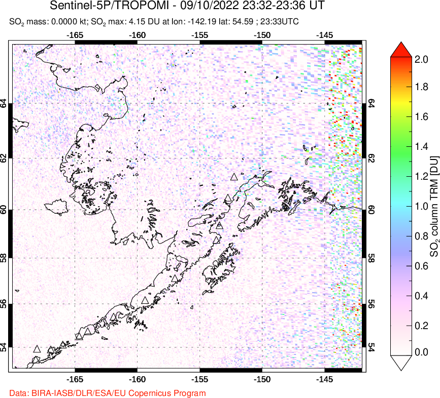A sulfur dioxide image over Alaska, USA on Sep 10, 2022.