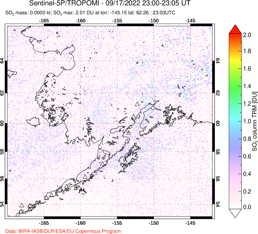 A sulfur dioxide image over Alaska, USA on Sep 17, 2022.