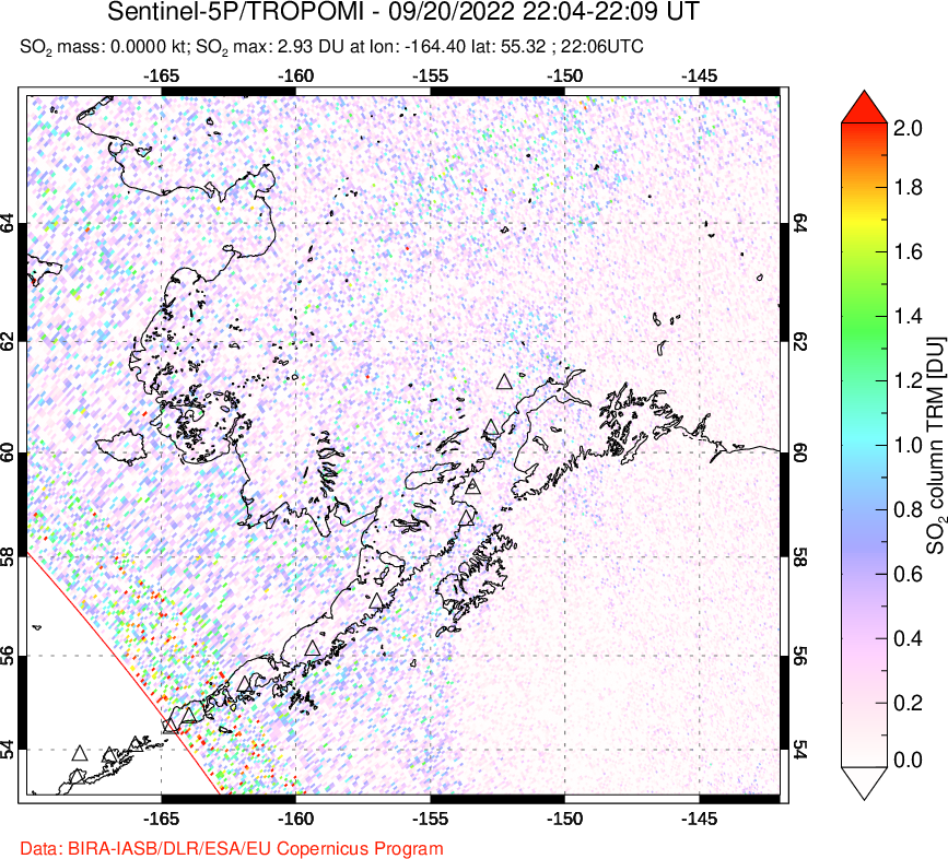 A sulfur dioxide image over Alaska, USA on Sep 20, 2022.