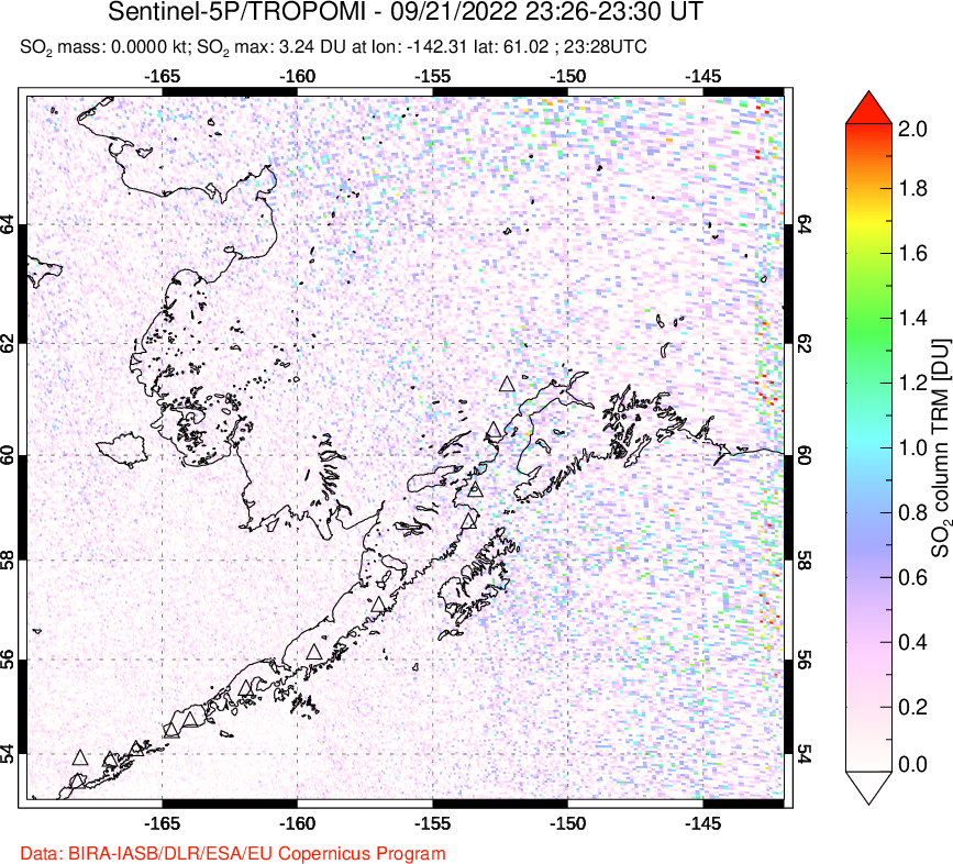 A sulfur dioxide image over Alaska, USA on Sep 21, 2022.