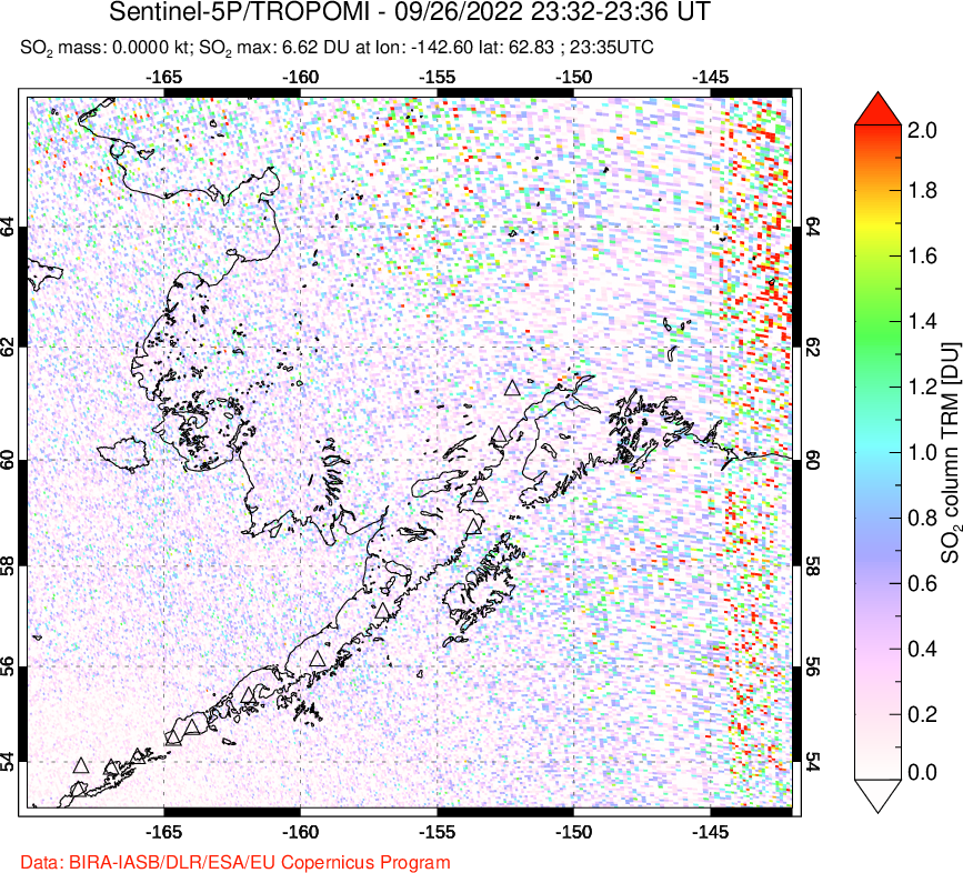 A sulfur dioxide image over Alaska, USA on Sep 26, 2022.