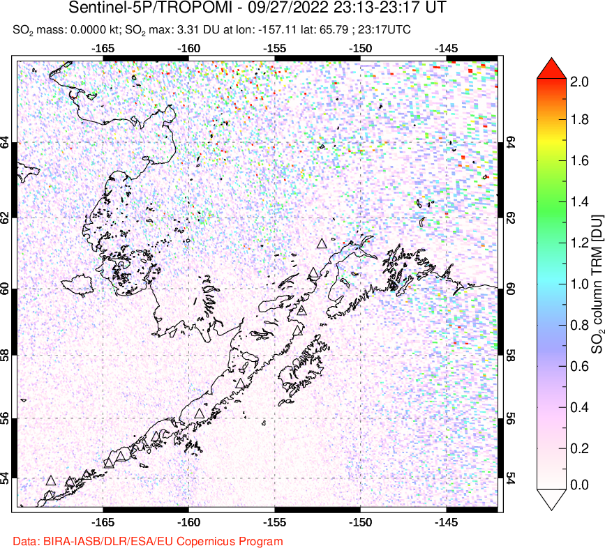 A sulfur dioxide image over Alaska, USA on Sep 27, 2022.