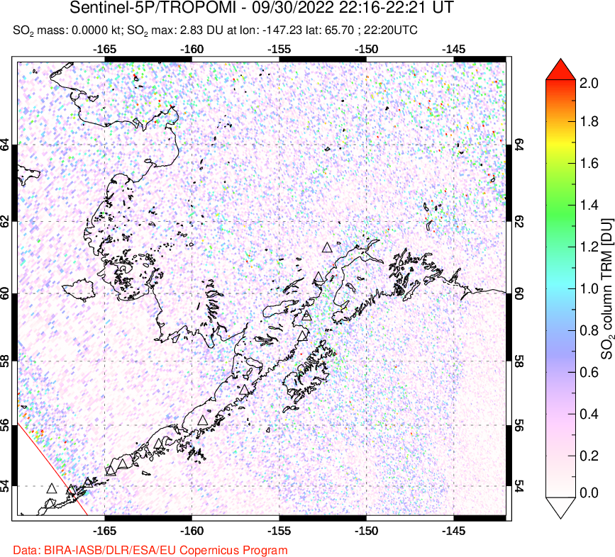 A sulfur dioxide image over Alaska, USA on Sep 30, 2022.