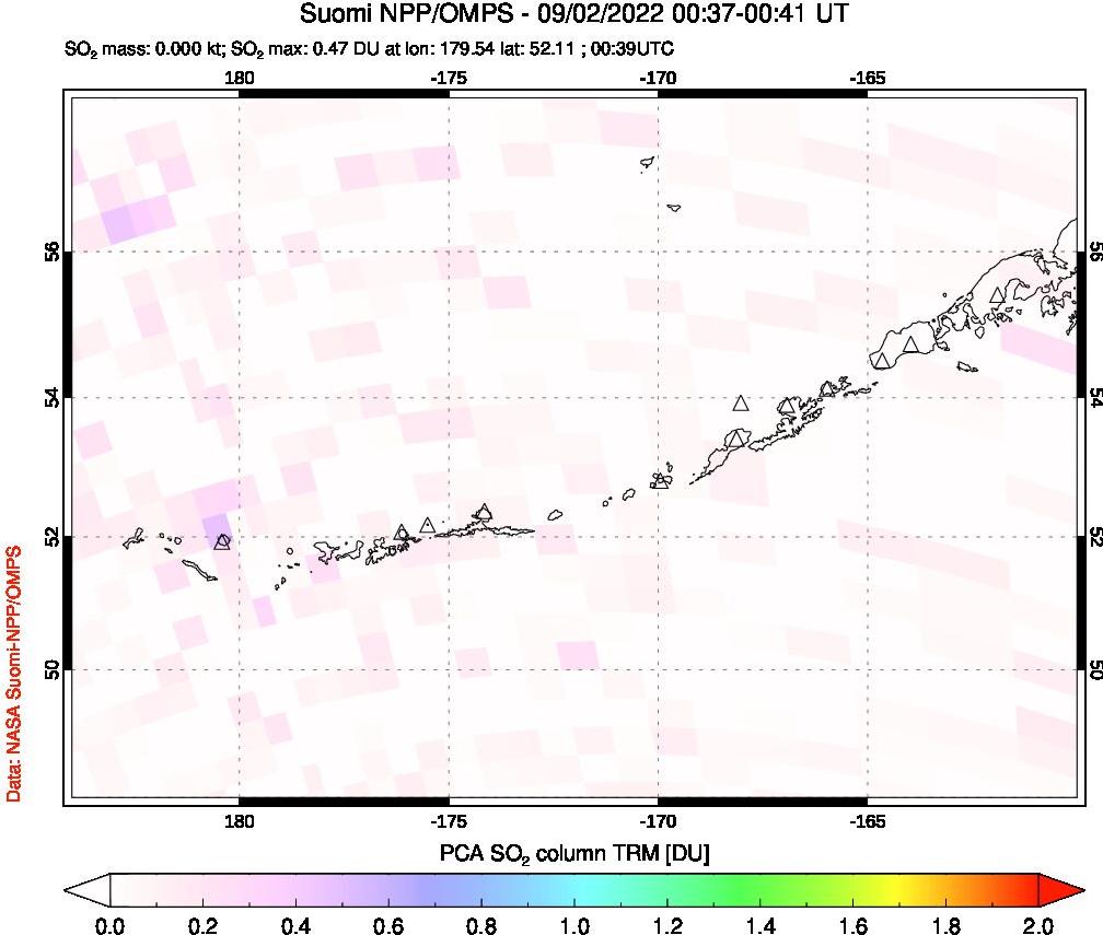 A sulfur dioxide image over Aleutian Islands, Alaska, USA on Sep 02, 2022.