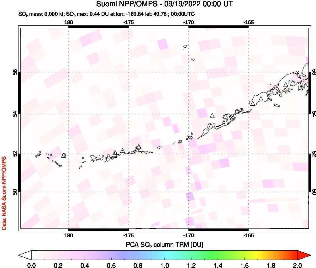 A sulfur dioxide image over Aleutian Islands, Alaska, USA on Sep 19, 2022.