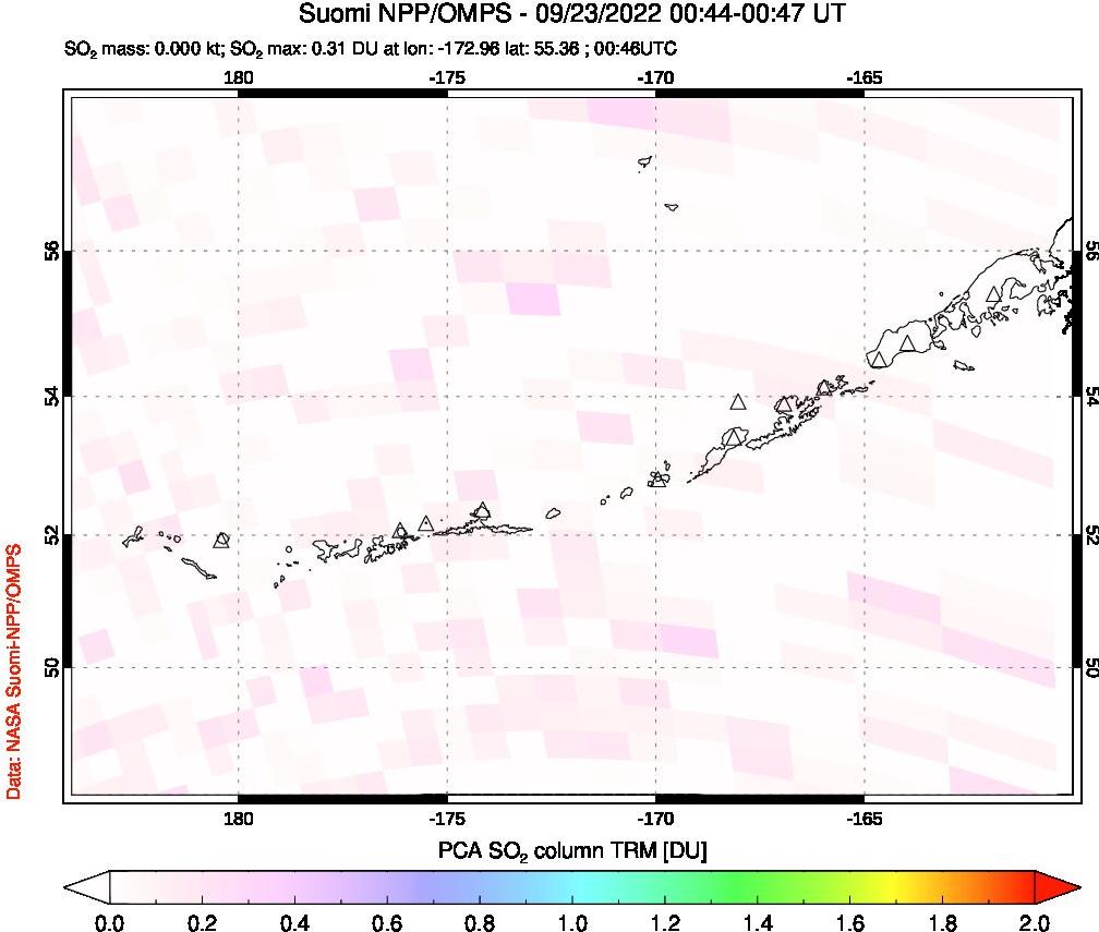 A sulfur dioxide image over Aleutian Islands, Alaska, USA on Sep 23, 2022.