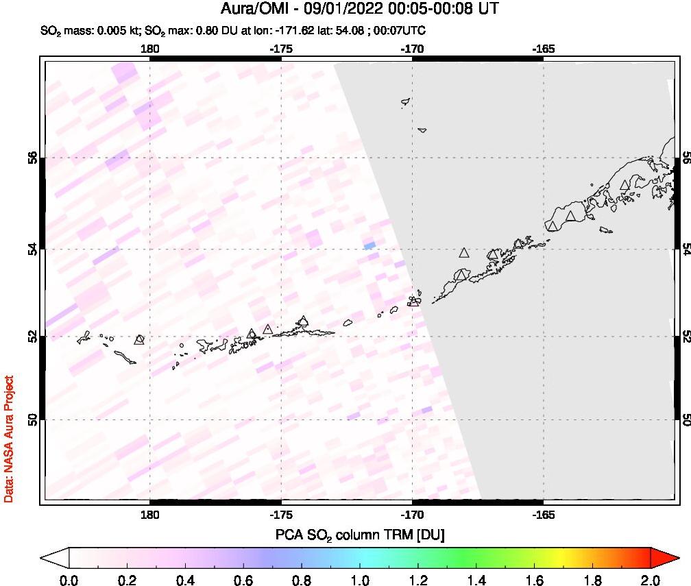 A sulfur dioxide image over Aleutian Islands, Alaska, USA on Sep 01, 2022.