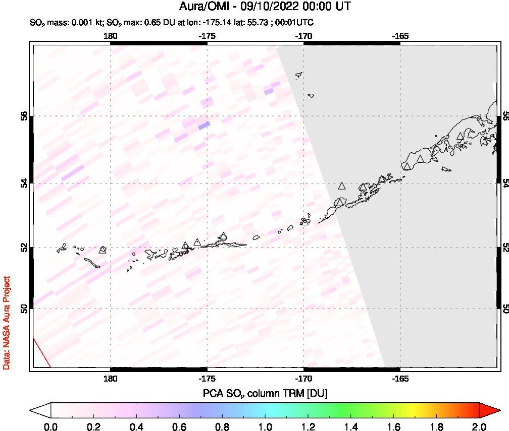 A sulfur dioxide image over Aleutian Islands, Alaska, USA on Sep 10, 2022.