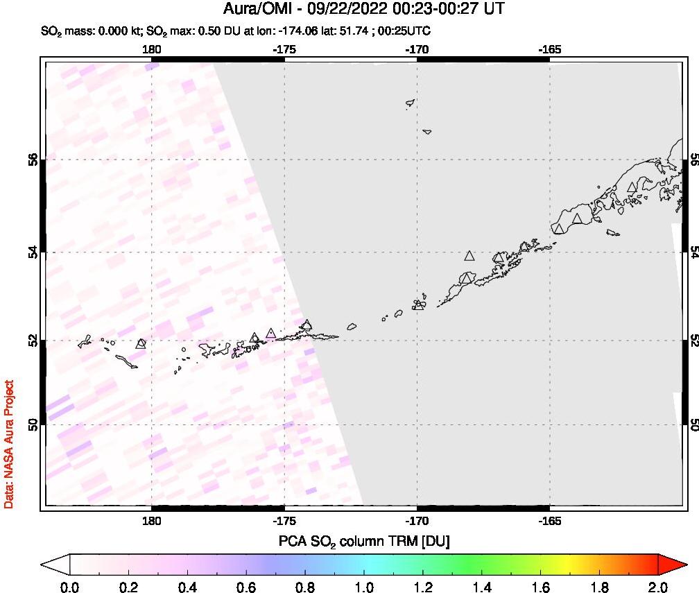 A sulfur dioxide image over Aleutian Islands, Alaska, USA on Sep 22, 2022.