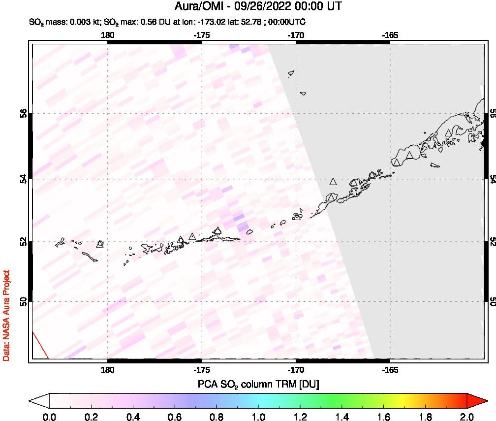 A sulfur dioxide image over Aleutian Islands, Alaska, USA on Sep 26, 2022.