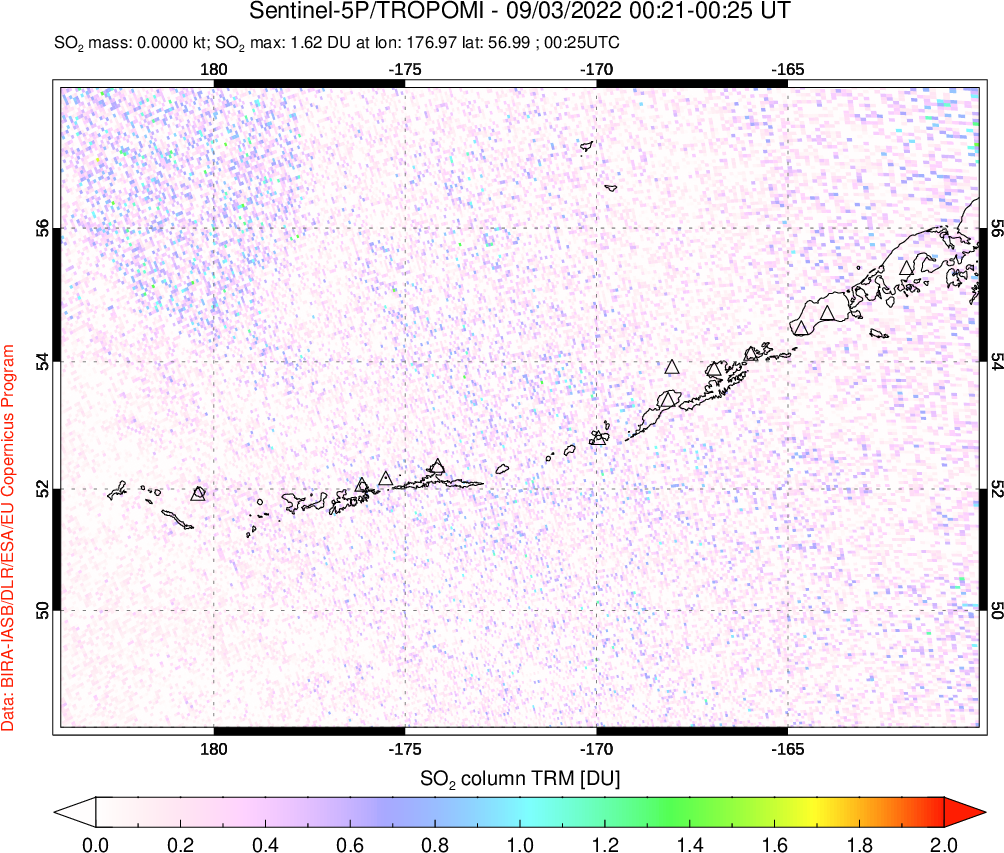 A sulfur dioxide image over Aleutian Islands, Alaska, USA on Sep 03, 2022.
