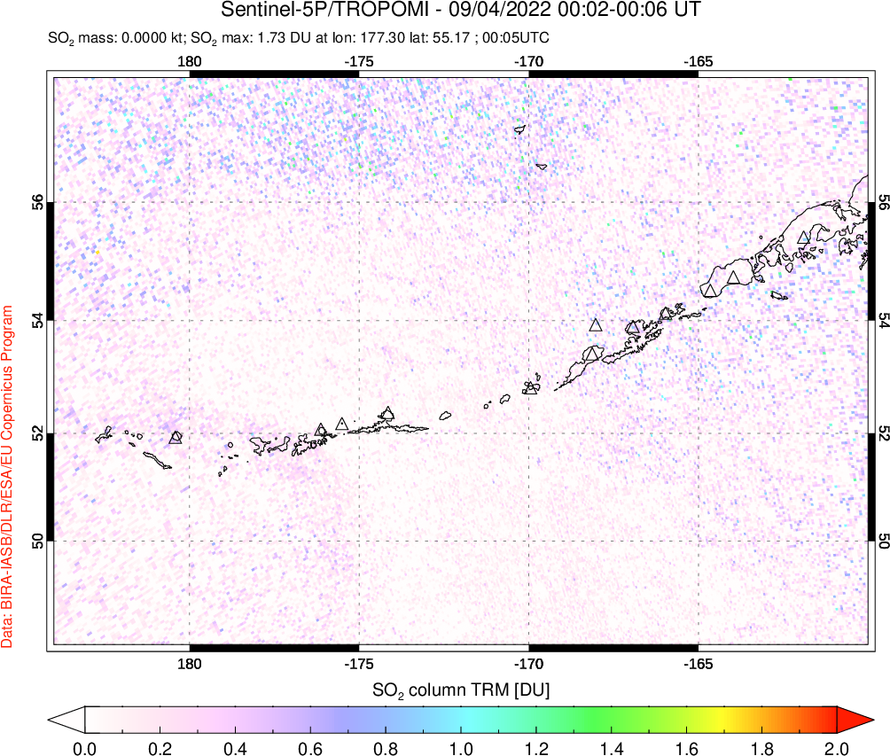 A sulfur dioxide image over Aleutian Islands, Alaska, USA on Sep 04, 2022.