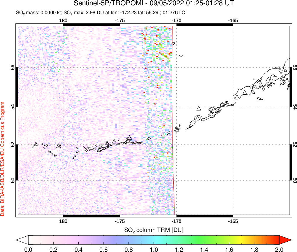 A sulfur dioxide image over Aleutian Islands, Alaska, USA on Sep 05, 2022.