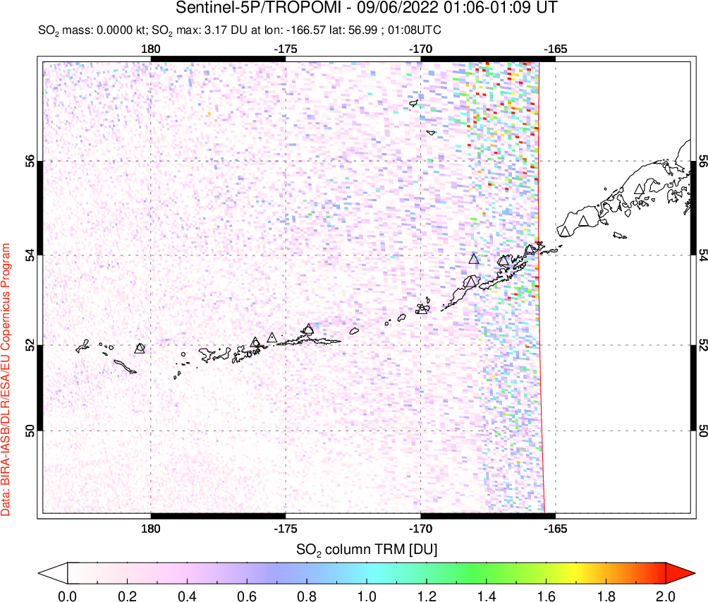 A sulfur dioxide image over Aleutian Islands, Alaska, USA on Sep 06, 2022.