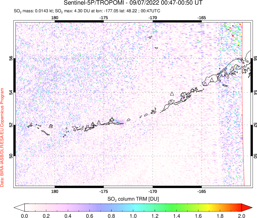 A sulfur dioxide image over Aleutian Islands, Alaska, USA on Sep 07, 2022.