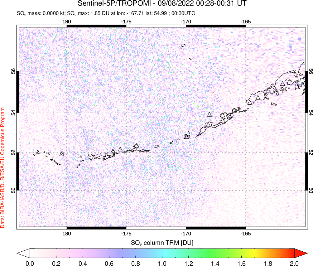 A sulfur dioxide image over Aleutian Islands, Alaska, USA on Sep 08, 2022.