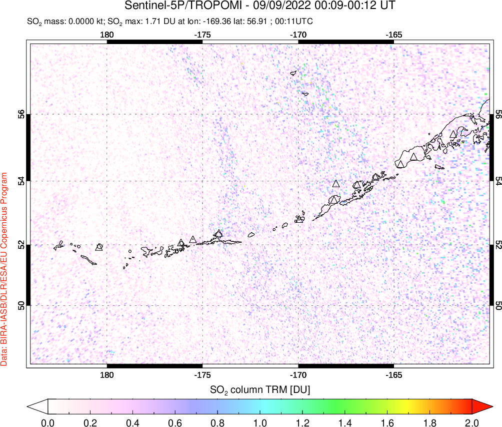 A sulfur dioxide image over Aleutian Islands, Alaska, USA on Sep 09, 2022.