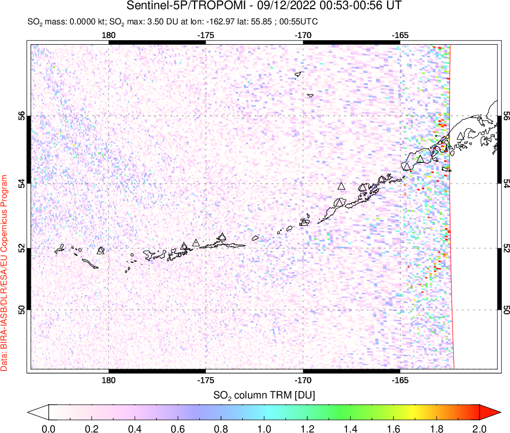 A sulfur dioxide image over Aleutian Islands, Alaska, USA on Sep 12, 2022.
