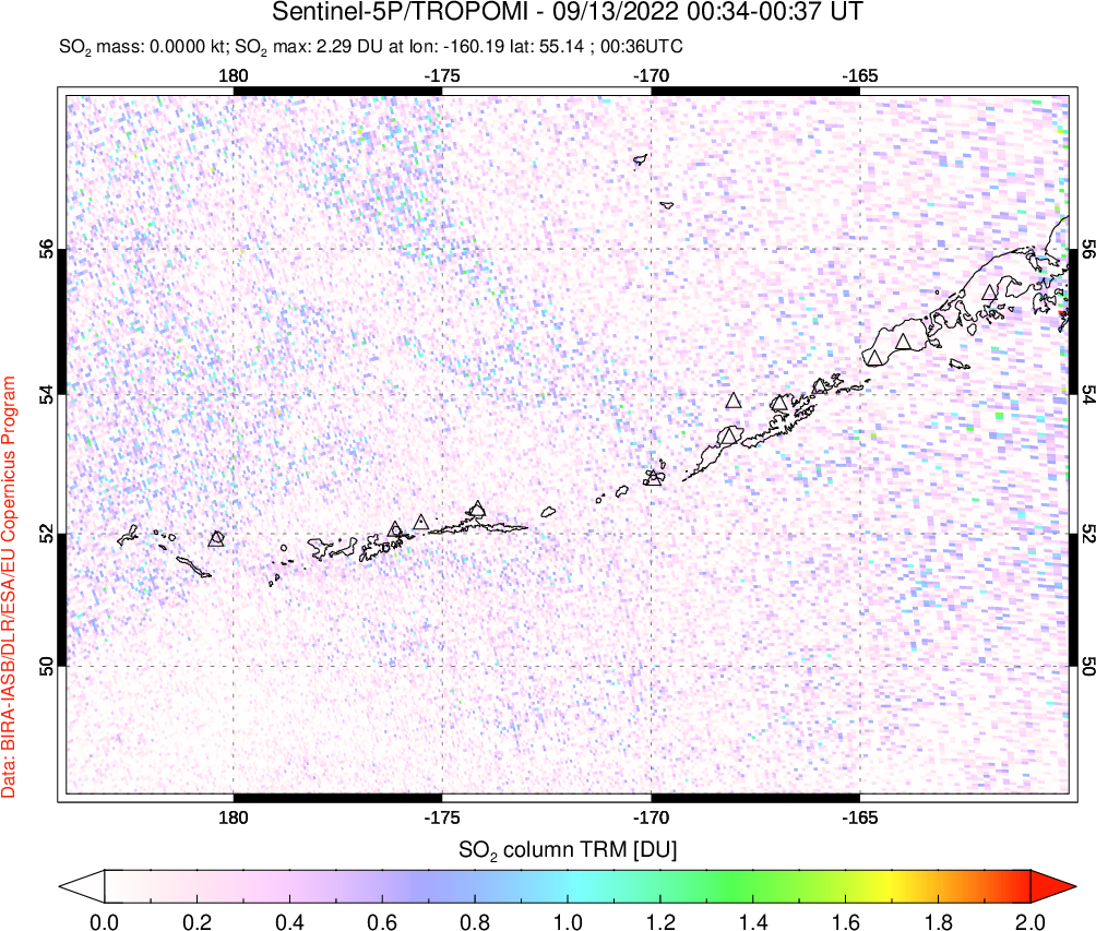 A sulfur dioxide image over Aleutian Islands, Alaska, USA on Sep 13, 2022.