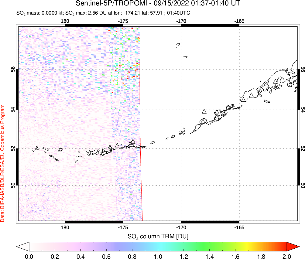 A sulfur dioxide image over Aleutian Islands, Alaska, USA on Sep 15, 2022.