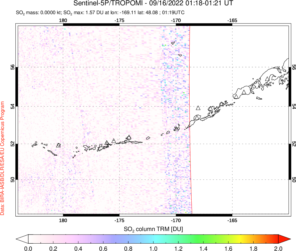A sulfur dioxide image over Aleutian Islands, Alaska, USA on Sep 16, 2022.