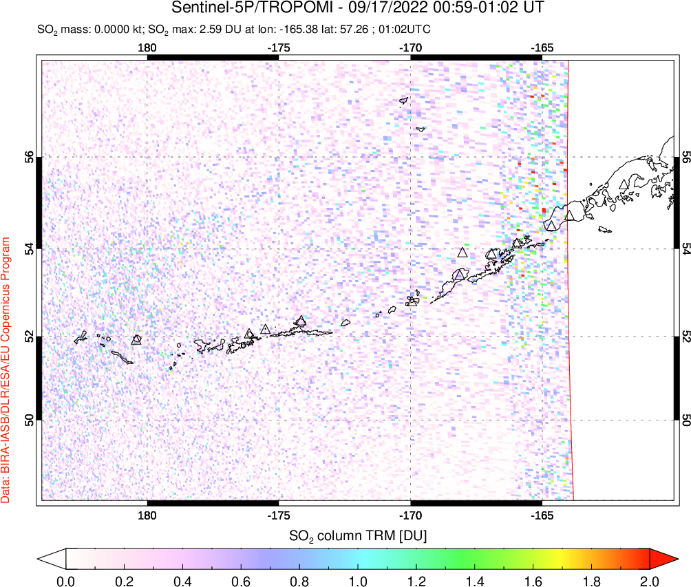 A sulfur dioxide image over Aleutian Islands, Alaska, USA on Sep 17, 2022.