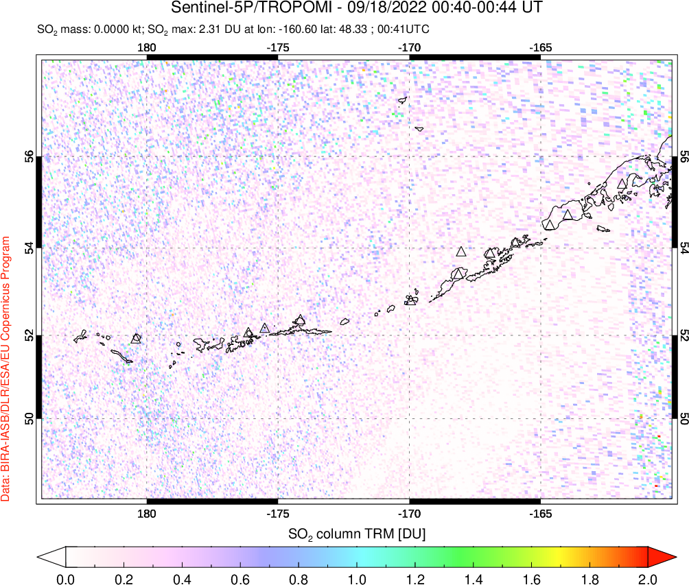 A sulfur dioxide image over Aleutian Islands, Alaska, USA on Sep 18, 2022.