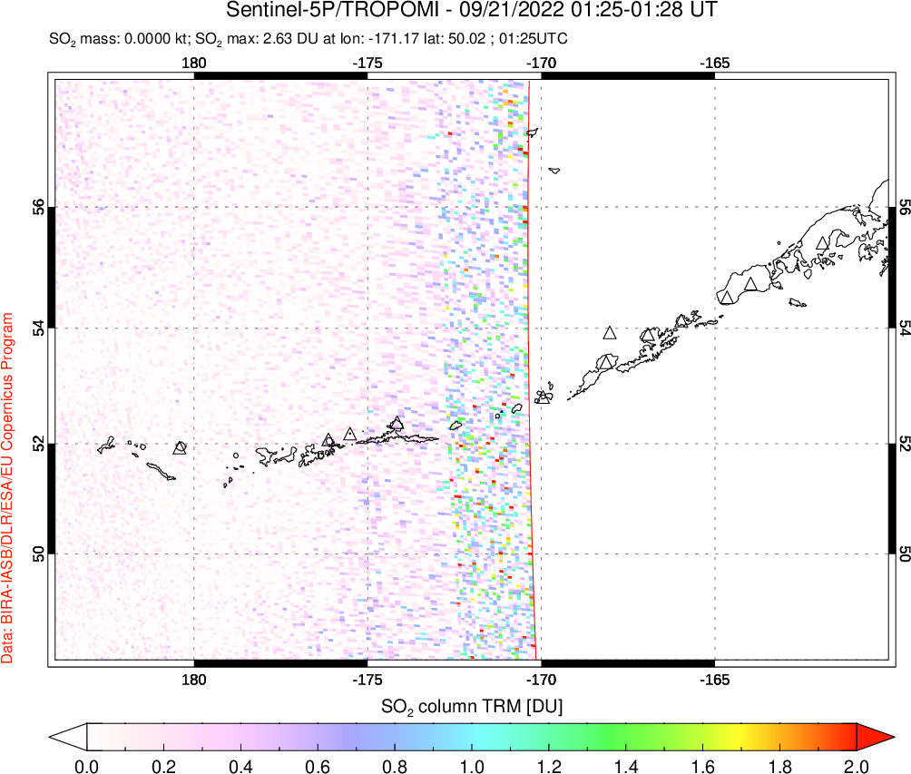 A sulfur dioxide image over Aleutian Islands, Alaska, USA on Sep 21, 2022.