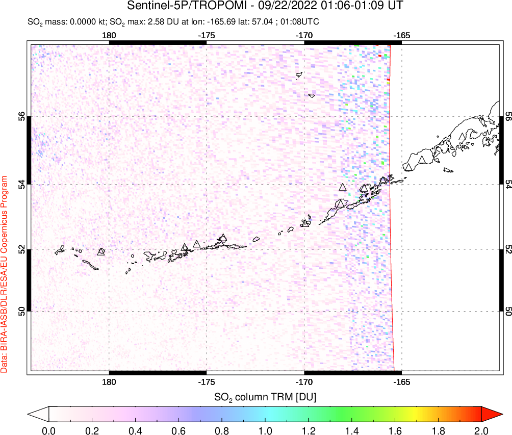 A sulfur dioxide image over Aleutian Islands, Alaska, USA on Sep 22, 2022.