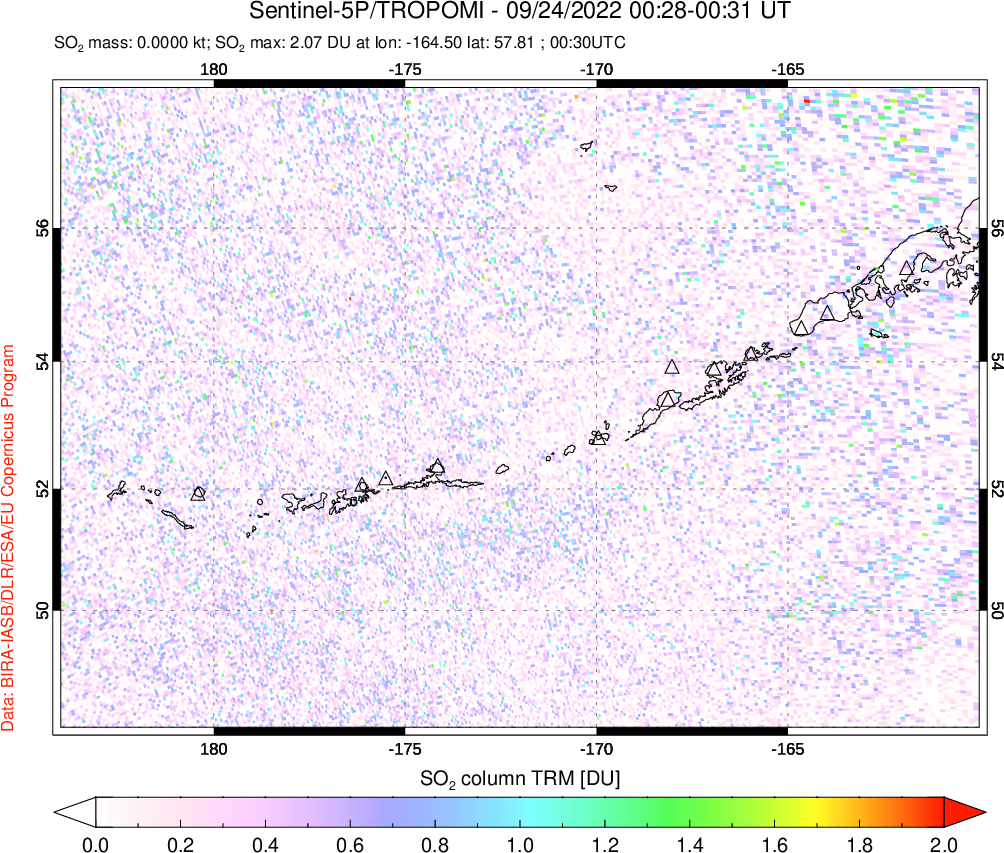 A sulfur dioxide image over Aleutian Islands, Alaska, USA on Sep 24, 2022.